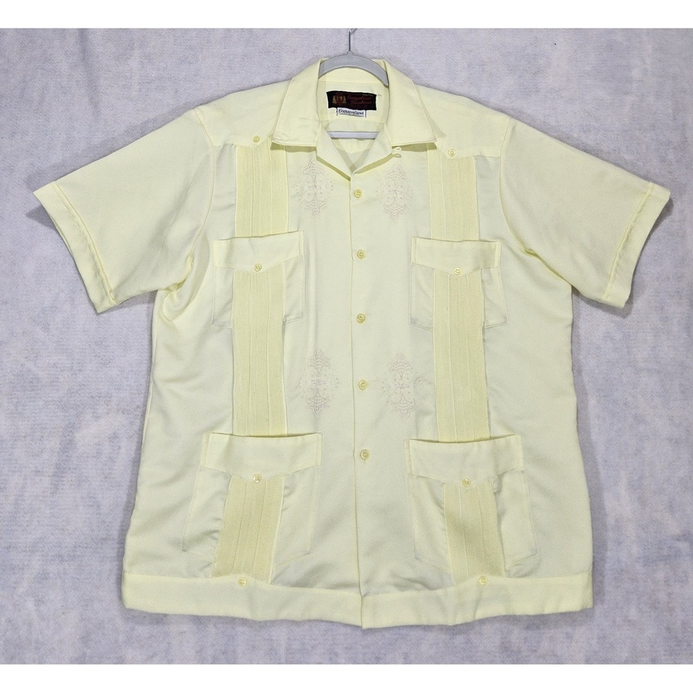 Vtg Guayabera Yucateca‎ Shirt Mens 2XL XXL Yellow Embroidered Copacabana Cuban